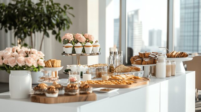 A beautifully arranged spread of pastries, drinks, and flowers on a white table.  Perfect for a catered event or special occasion.