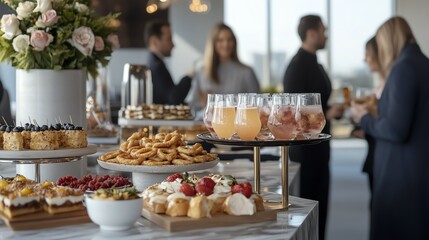 A catered event with delicious pastries and drinks for a corporate gathering.