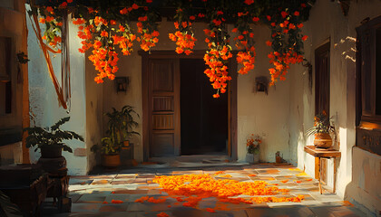 A painting of a house with orange flowers hanging from the ceiling
