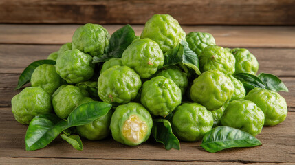 Fototapeta premium Pile of bergamot fruits with different sizes, showing the textured green skin and attached leaves, arranged on a wooden background --chaos