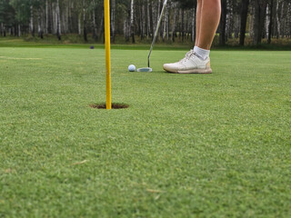 Obraz premium A golfer prepares to putt on a lush green course
