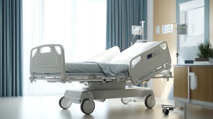 A hospital room with a bed next to a window with a city view.