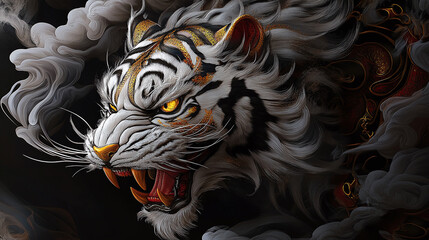 Tiger head with golden eyes, white and gold fur, red stripes, smoke clouds, Japanese tattoo art style, dark background.