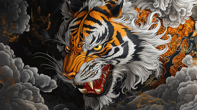 Tiger head with golden eyes, white and gold fur, red stripes, smoke clouds, Japanese tattoo art style, dark background.