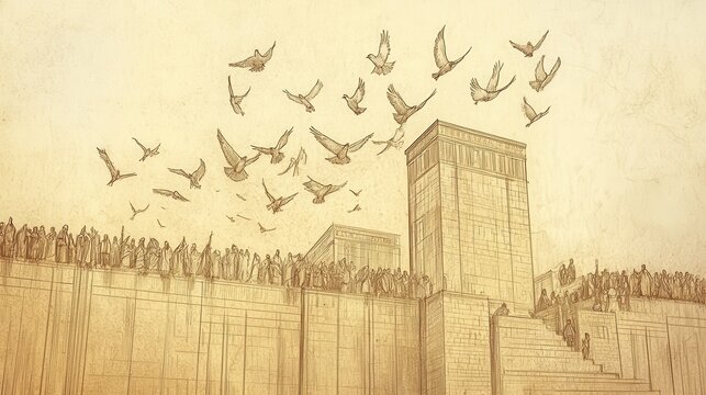 Choir of Singers Ascend the Temple Stairs Their Voices Rising in Harmonious Praise as Doves Soar Above the Ancient City of Zephaniah s Prophetic Vision for Jerusalem s Future