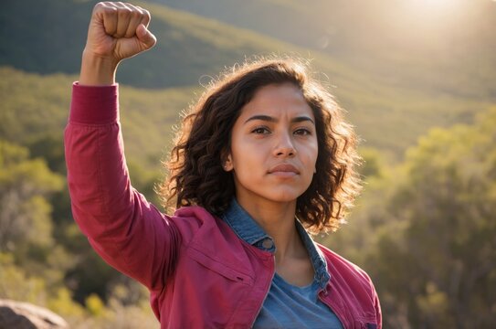 Hispanic woman raising fist in determination with mountain background