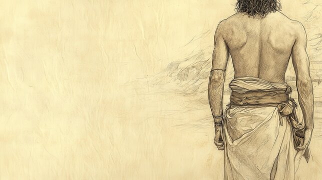 Rugged John the Baptist a wilderness preacher clothed in camel hair with a leather belt stands by the Jordan River preparing the way for the coming Messiah