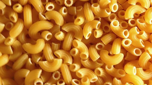 Uncooked Chifferi Rigati Pasta - Top View. Fat and Unhealthy Food. Classic Dry Macaroni, Slowly Rotating Background. Italian Culture and Cuisine. Raw Golden Pasta Texture - Left Angular Rotation