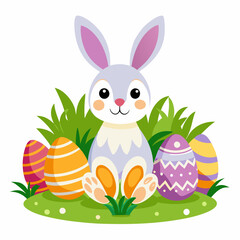 Adorable Bunny with Colorful Easter Eggs on Grass against White Background