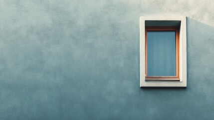 Fototapeta premium A window with a wooden frame sits in front of a blue wall