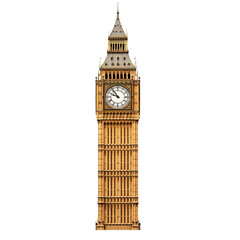 Big Ben tower, iconic clock tower in London, white isolated background.