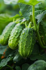Green cucumber grows on the bed in the greenhouse, selective focus, Generative AI,
