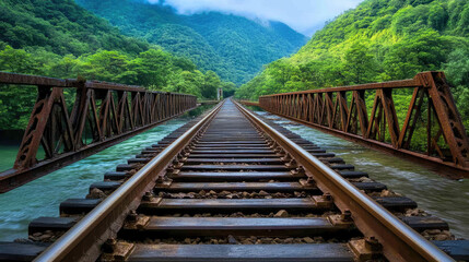 Fototapeta premium Railway track passing over a metal bridge, high above a flowing river, with the rails and sleepers prominently visible in the foreground --chaos