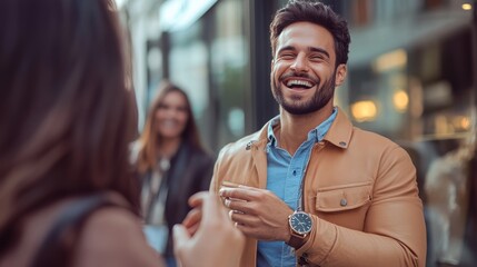 Fototapeta premium Happy Man Showing Off New Watch to Friends Outside