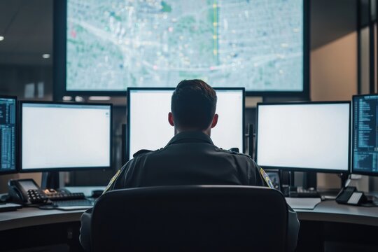 Police dispatcher monitors multiple screens in a control room