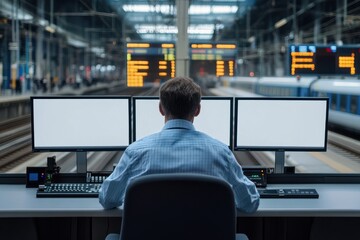 Railway coordinator working at a console in a busy train station