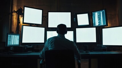 Security officer monitors multiple computer screens in dimly lit room