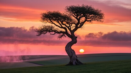A lone, gnarled tree with twisted branches and a robust trunk stands against a vibrant