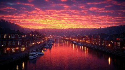 Vibrant sunset over a tranquil river landscape.
