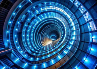 Naklejka premium Glowing Blue Neon Squares in Spiral Tunnel - Futuristic Architectural Photography with Dynamic Light Effects and Abstract Design for Modern Aesthetic