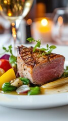 Grilled steak with vegetables and wine creates a gourmet dining experience, AI