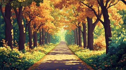 Naklejka premium Serene Autumn Pathway Through Vibrant Foliage