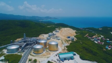 Obraz premium Aerial View of Industrial Complex with Storage Tanks and Coastal Landscape
