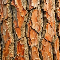 Close-up of the texture of pine bark with peeling stripes of warm shades