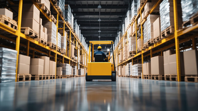 Retail warehouse scene featuring rows of inventory racks, a forklift operator at work, and spacious layout with high ceilings --chaos