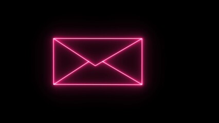 Glowing neon message box animation icon. Text message chat notice notification animated on black background.