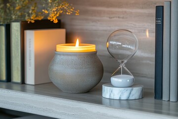 A minimalist interior shelf setup featuring a lit candle in a unique holder, an hourglass, books, and a decorative marble bookend. The clean and elegant arrangement exudes simplicity and