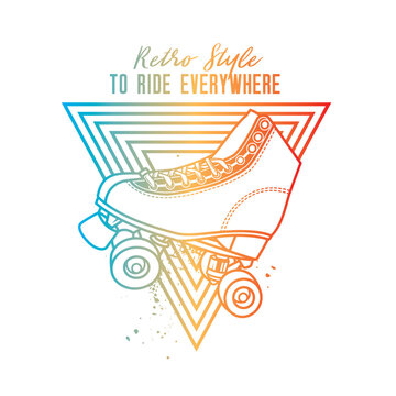 Roller skates in neon style. Original vector illustration in vintage style. T-shirt design.