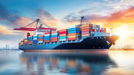 Fototapeta premium Shipping dock with a large cargo ship being loaded, cranes transferring containers, and international logistics coordination --chaos