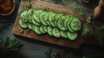 Sliced organic cucumbers arranged on a wooden cutting board, surrounded by herbs and spices, ready for a healthy salad. --chaos
