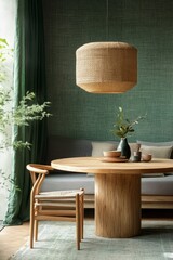 Bright lining room interior with wooden round table, stylish chairs, green curtain, gray sofa, hanging lamp, panels on the floor, vase with leaves and, Generative AI