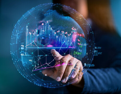 Analyze and visualize complex information on a virtual screen using AI to process data. Big data technology and data science. Data flow. Artificial intelligence