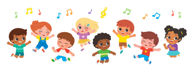 Group of Happy boys and girls standing and jumping. Collection back to School of kindergarten. Children with different jumping poses. Children's activities.