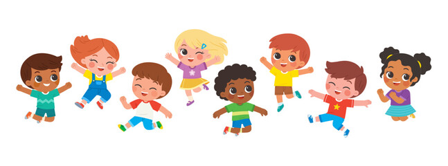 Group of Happy boys and girls standing and jumping. Collection back to School of kindergarten. Children with different jumping poses. Children's activities.