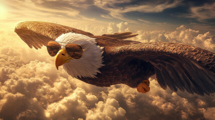 majestic eagle soars through sky, exuding confidence with its cool aviator sunglasses against backdrop of golden clouds.