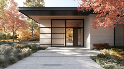 Stylish aluminum door with frosted glass panels for privacy, set in a modern exterior with clean architectural lines --chaos