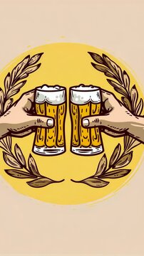 Toasting Beer Glasses Logo Copy Space with Hands Surrounded by Wheat Laurel on Yellow Background. Oktoberfest, Pub Promotions, Beer Festivals, Craft Brew Advertisements, International Beer Day
