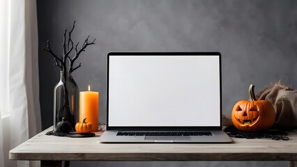 Modern minimalist laptop mockup on table for Halloween, blank frame of laptop screen mockup, Halloween vibes spooky scary environment of the room interior design