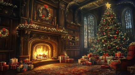 Obraz premium Celebrate Christmas indoors with a warm fireplace, a glowing tree, and presents galore, creating a magical atmosphere.