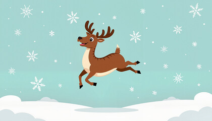 Jumping reindeer illustration with snowflakes in winter sky