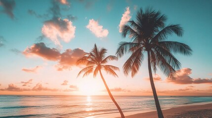 Serene Tropical Sunset Over Calm Sea with Palm Trees