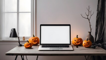 Modern minimalist laptop mockup on table for Halloween, blank frame of laptop screen mockup, Halloween vibes spooky scary environment of the room interior design