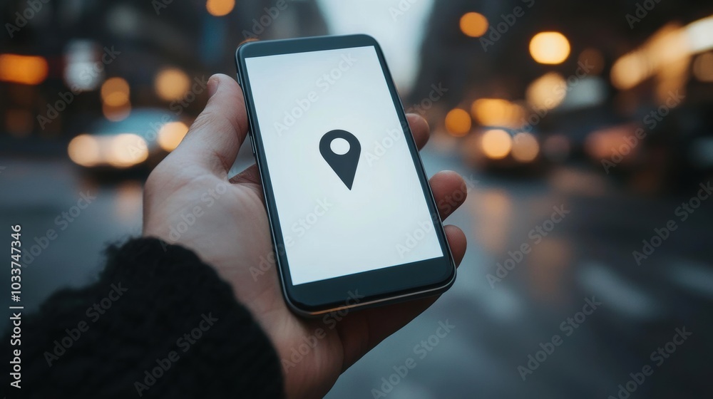 Aufkleber A hand grips a smartphone showing a map with a location pin, illuminated by city lights during twilight. Generative AI