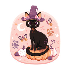 Cute little black cat with a purple witch hat with pink coquette bows sitting on a plump orange pumpkin. A pastel vector Halloween design.