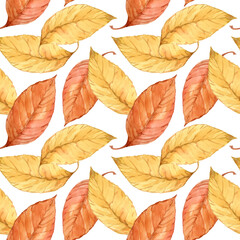 Seamless texture. Autumn leaves painted with watercolors on an isolated background. Leaf fall 2024, yellow, red leaves for printing on fabric, paper, wallpaper, packaging.