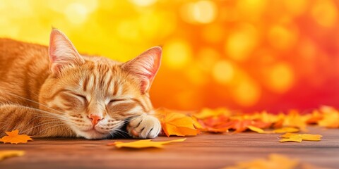 Warm Seasonal Mood Image of a Sleeping Orange Kitten on Autumn Leaves with Pumpkin and Dreamy Golden Bokeh Background